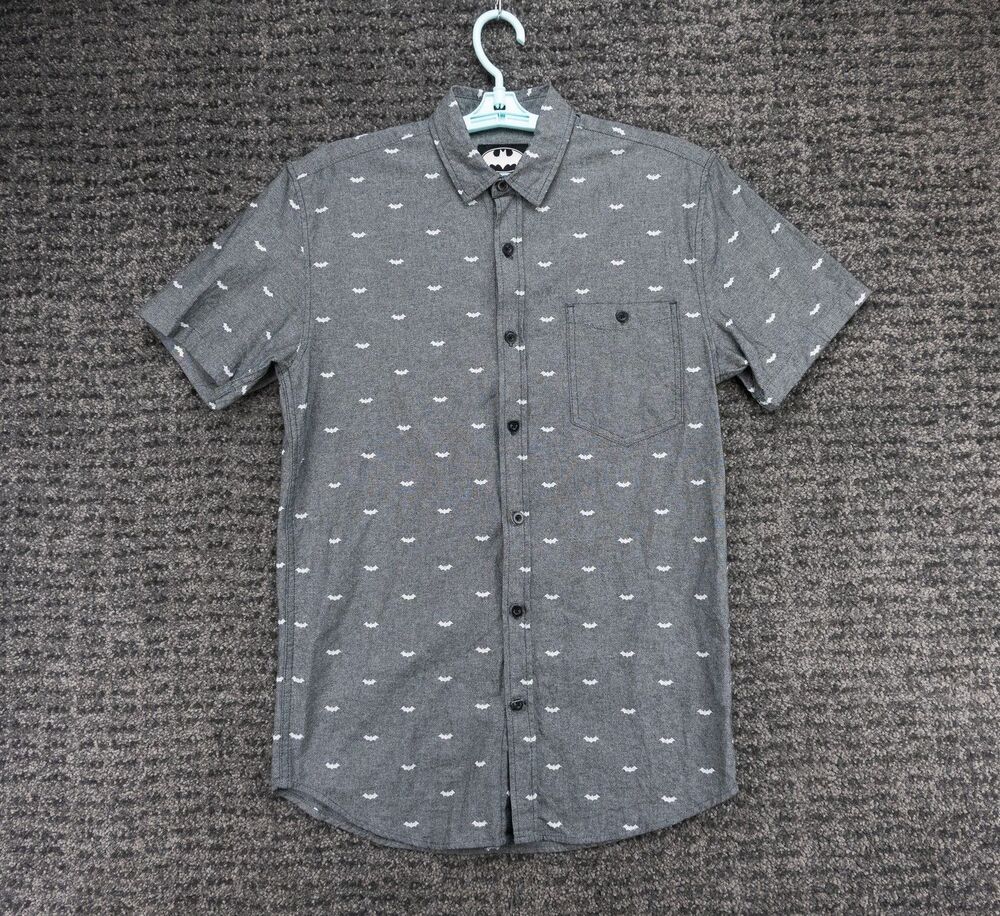 Batman Shirt Mens Small Gray All Over Bat Print Short Sleeve Oxford DC Comics